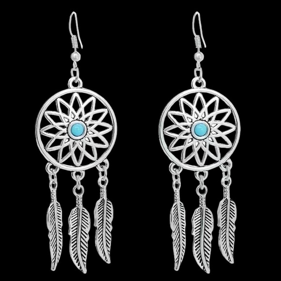 DreamCatcher Boho Feather Dangle Earrings Pierced Native American Aztec Western - Picture 4 of 11